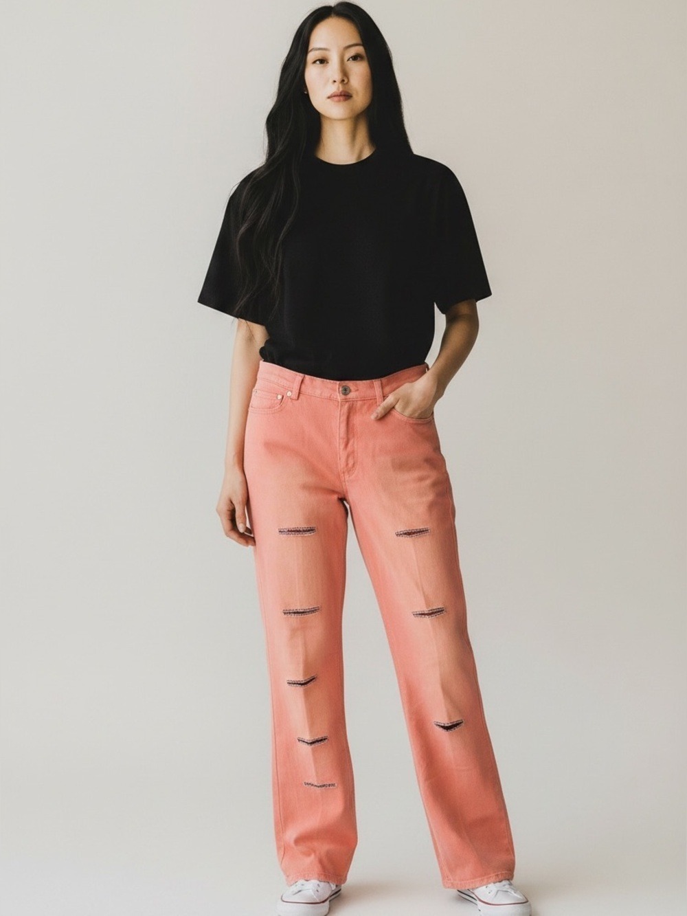 Ane Flamingo Pink Rhinestone Distressed Slightly Flared Leg Jeans